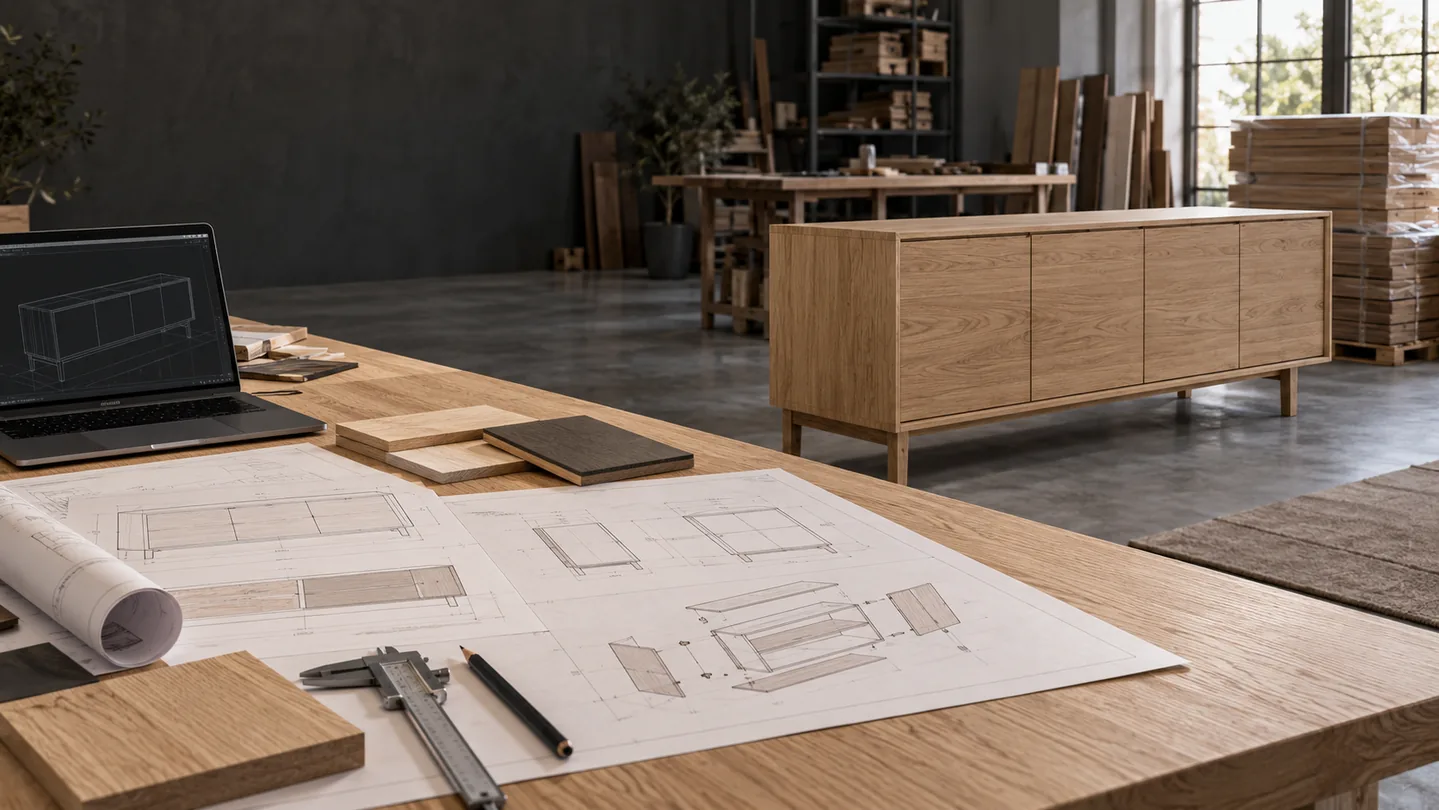 Furniture workshop with wooden cabinet, material samples and drawings